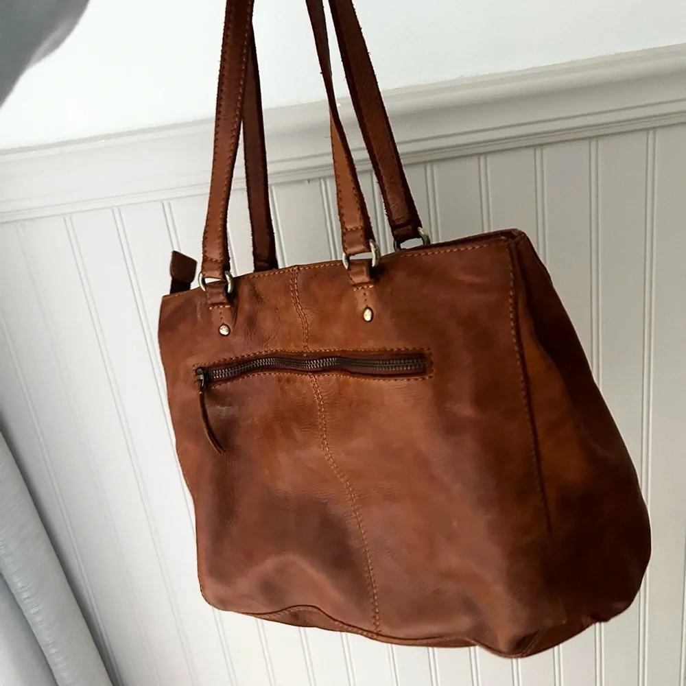 Genuine Leather Cognac Brown Shoulder Tote Bag 2 Front Zipper